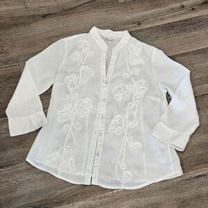White Linen Embroidered Blouse 8P Light Academia Cottagecore Boho Button Top